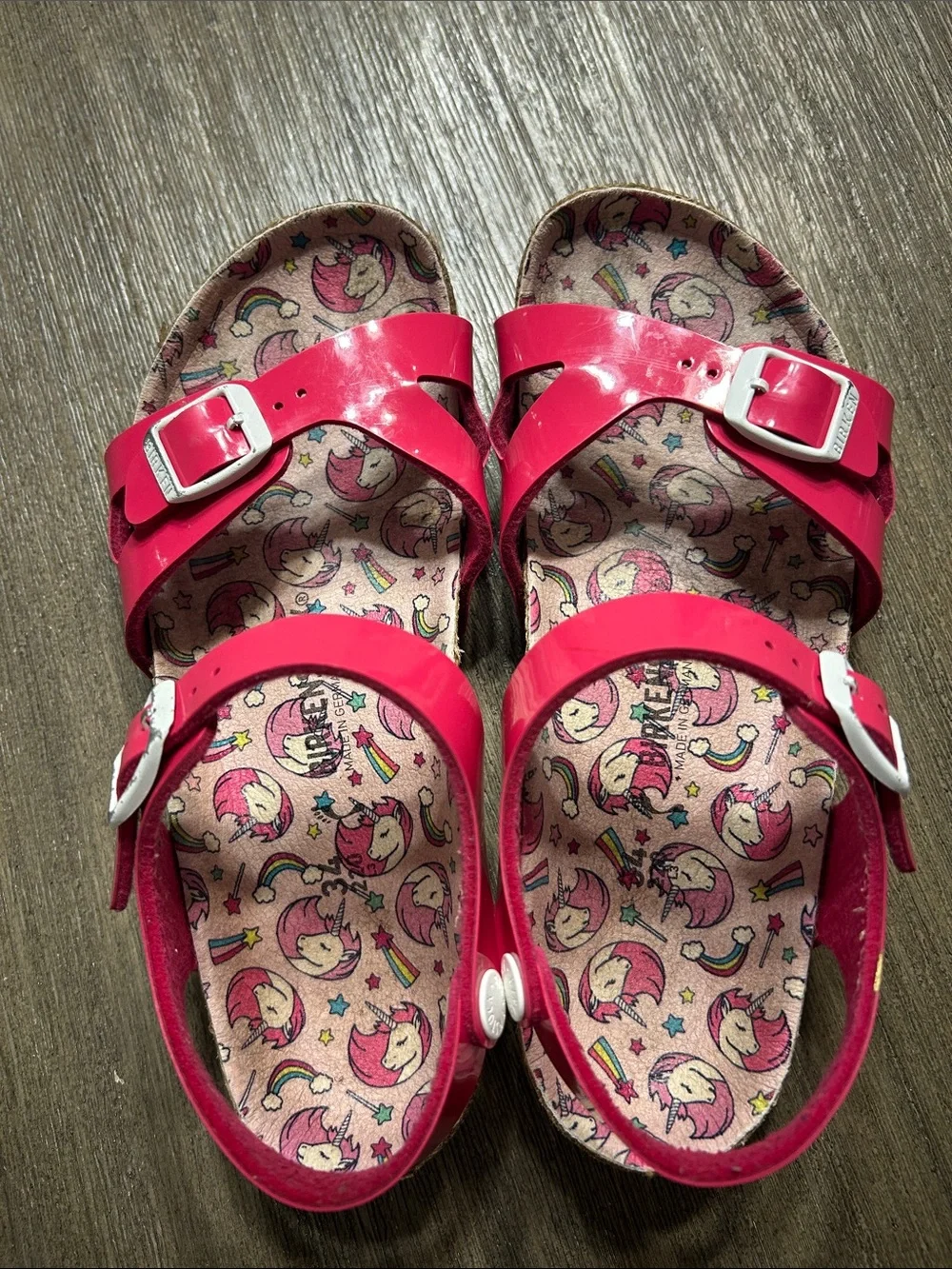 Birkenstock Girls Pink Buckle Sandals with Unicorn Print Sz. 3.